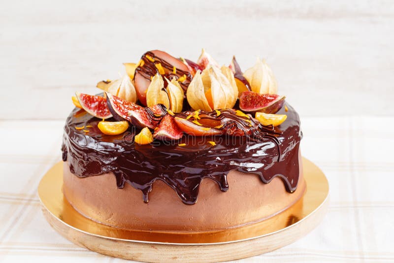 Autumn Chocolate Cake with Fruit and Glaze Stock Photo Image of