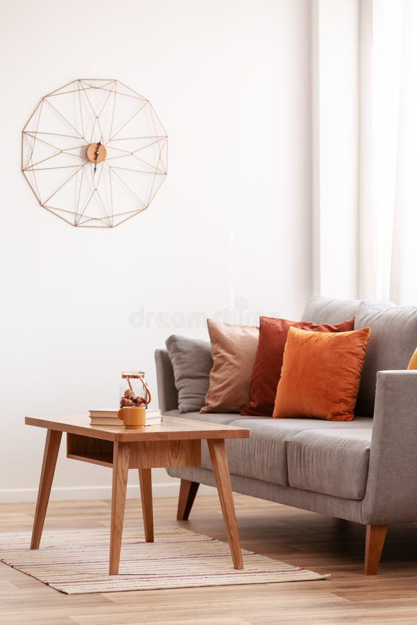 Autumn Colored Pillows on Grey Sofa in Modern Living Room Interior