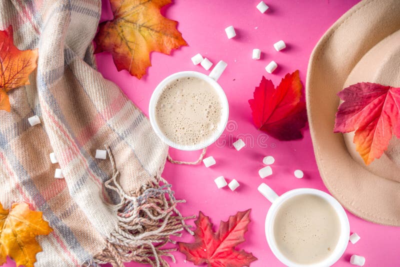 Autumn Flatlay with Cappuccino or hot chocolate. Autumn composition concept background. Cappuccino hot chocolate cup, with autumn bright leaves, pine cones stock image Autumn Flatlay with Cappuccino or hot chocolate. Autumn composition concept background. Cappuccino hot chocolate cup, with autumn bright leaves, pine cones stock image