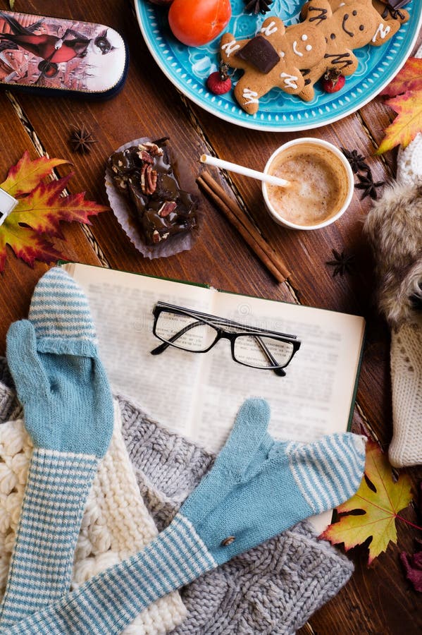 Autumn cozy composition at wooden table. life style concept. flat lay stock photo Autumn cozy composition at wooden table. life style concept. flat lay stock photo