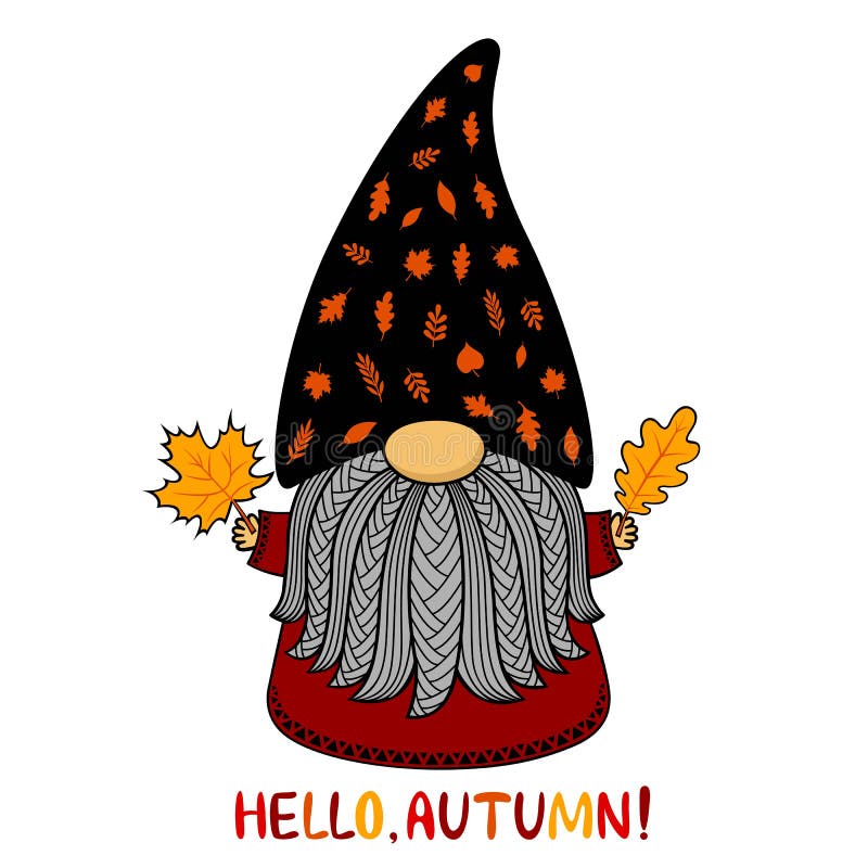 Autumn cute cartoon gnome. Vector illustration. Funny character in a hat made of leaves and text