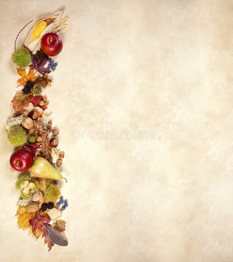 Vertical composite of autumn fruits leaves and nuts on jute. Vertical composite of autumn fruits leaves and nuts on jute