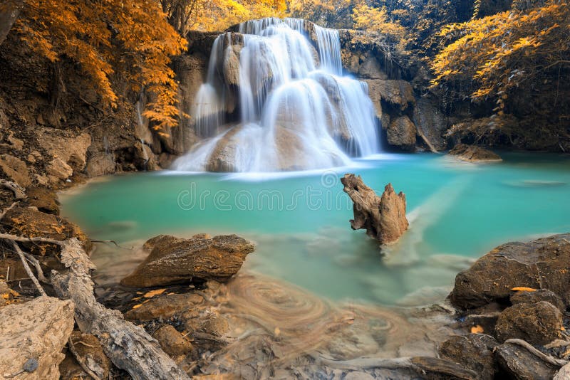 Autumn Deep forest Waterfall in Kanchanaburi (Huay Mae Kamin)