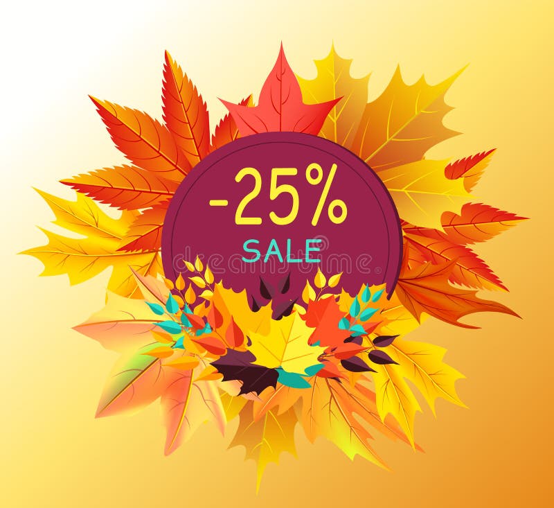 Autumn discount - 25 sale gift card design with maple leaves isolated on background of fall golden foliage frame vector illustration promo poster. Autumn discount - 25 sale gift card design with maple leaves isolated on background of fall golden foliage frame vector illustration promo poster