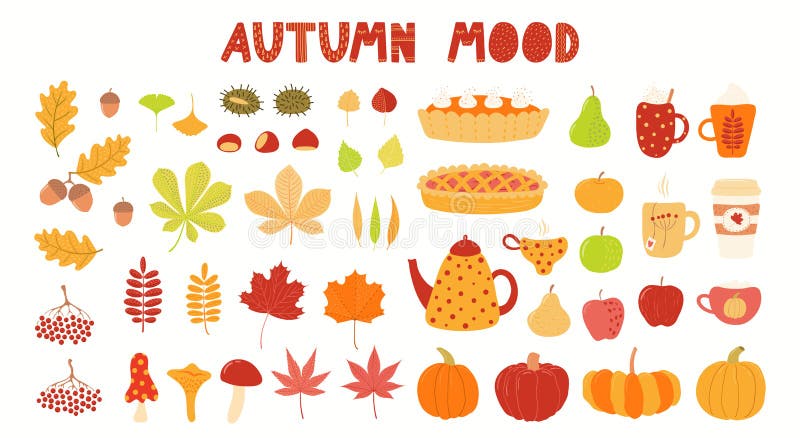 Podzim prvky sada klipartů, listy, bobule, jídlo, jablko, dýně, na bílém.