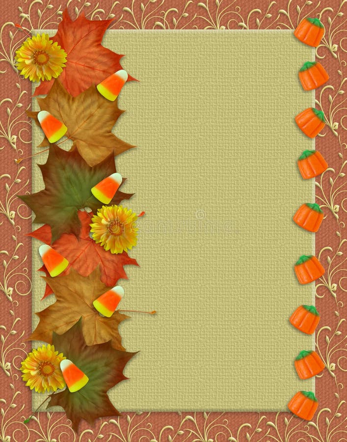 Image and Illustration composition for Thanksgiving invitation, halloween greeting card border or background with Autumn leaves, Fall flowers and candy corn. Copy space. Autumn border fall halloween leaves pumpkins illustrations