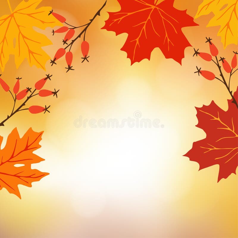 Autumn, fall background. Greeting card with hand drawn maple leaves and rose hips. Modern blurred illustration.
