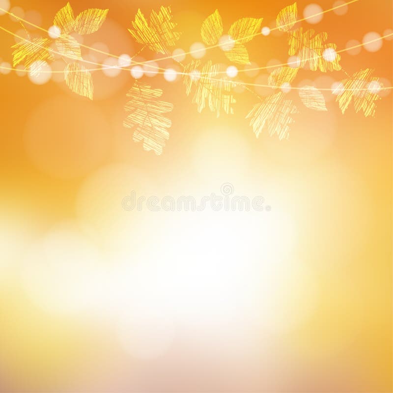Autumn, fall background. Greeting card with maple, oak leaves and bokeh lights.