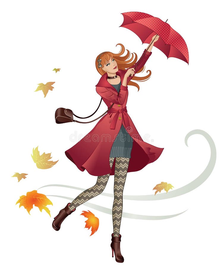 A fashionable young woman in autumn clothing, opening her umbrella. A fashionable young woman in autumn clothing, opening her umbrella