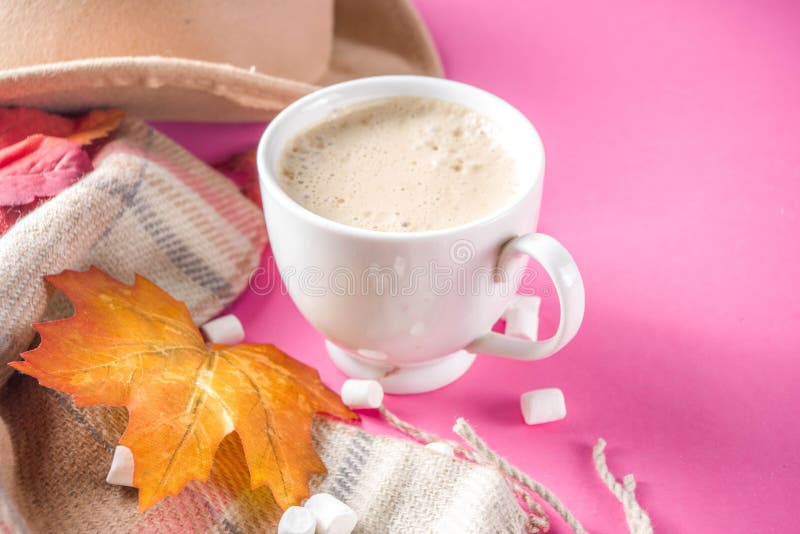 Autumn Flatlay with Cappuccino or hot chocolate. Autumn composition concept background. Cappuccino hot chocolate cup, with autumn bright leaves, pine cones royalty free stock photo Autumn Flatlay with Cappuccino or hot chocolate. Autumn composition concept background. Cappuccino hot chocolate cup, with autumn bright leaves, pine cones royalty free stock photo