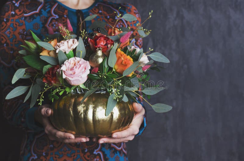 Autumn Floral Bouquet in Pumpkin Vase. Decoration of Flowers in Stock ...