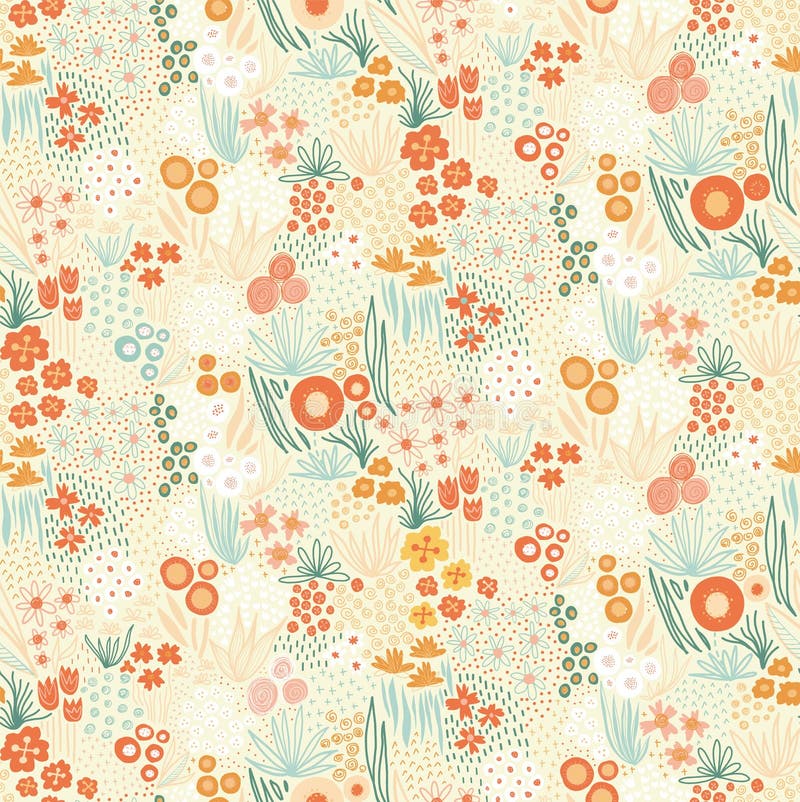 Autumn Flower meadow seamless vector pattern. Repeating doodle flowers in fall colors background half drop repeat