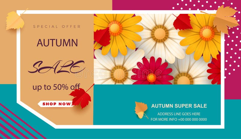 Autumn flyer template with the inscription. Bright fall leaves and flowers. Autumn sale Poster, card, label, banner design. Vector. Illustration EPS10 royalty free illustration Autumn flyer template with the inscription. Bright fall leaves and flowers. Autumn sale Poster, card, label, banner design. Vector. Illustration EPS10 royalty free illustration