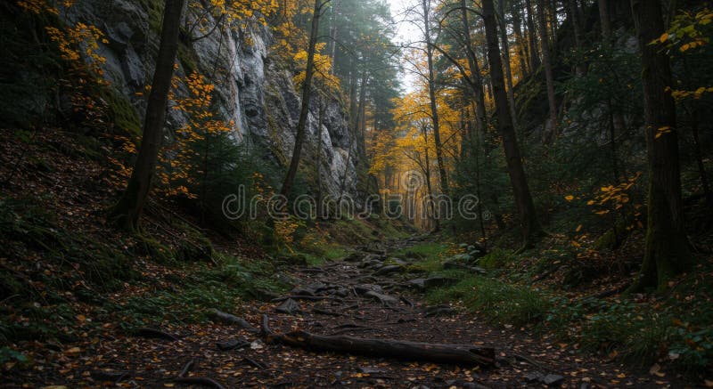 Autumn Forest Path: Dark Moody Woods Trail royalty free illustration