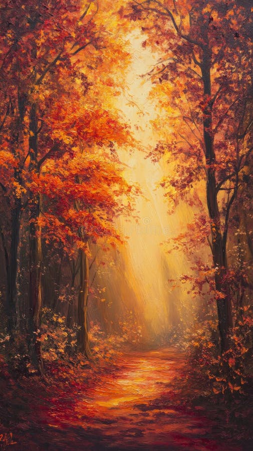 Autumn forest pathway with glowing sunlight. Enchanting autumn forest with vibrant orange and red foliage, illuminated by soft golden sunlight filtering through the trees. A tranquil path invites exploration and serenity.. AI Generation AI generated