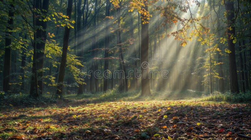 Autumn forest with sunbeams shining through the trees royalty free illustration
