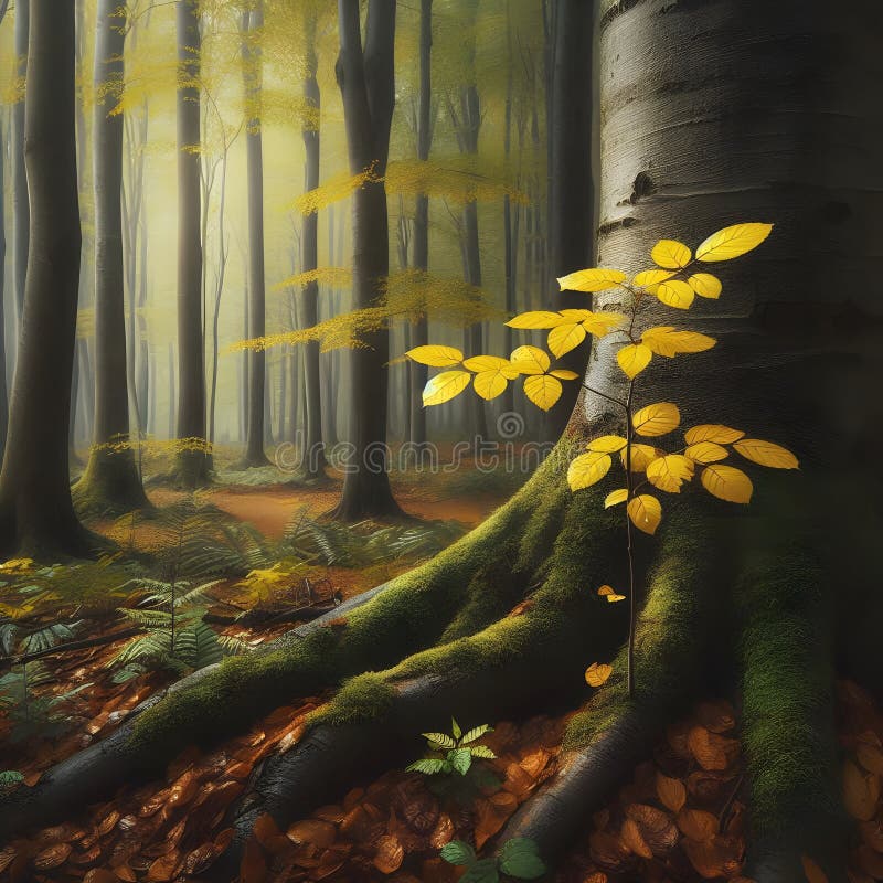 Autumn forest with yellow leaves and tree roots. 3d render generated by AI
