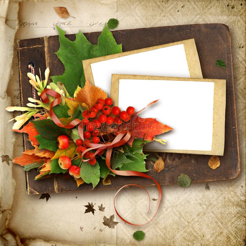 Autumn frame with leaves on the old album