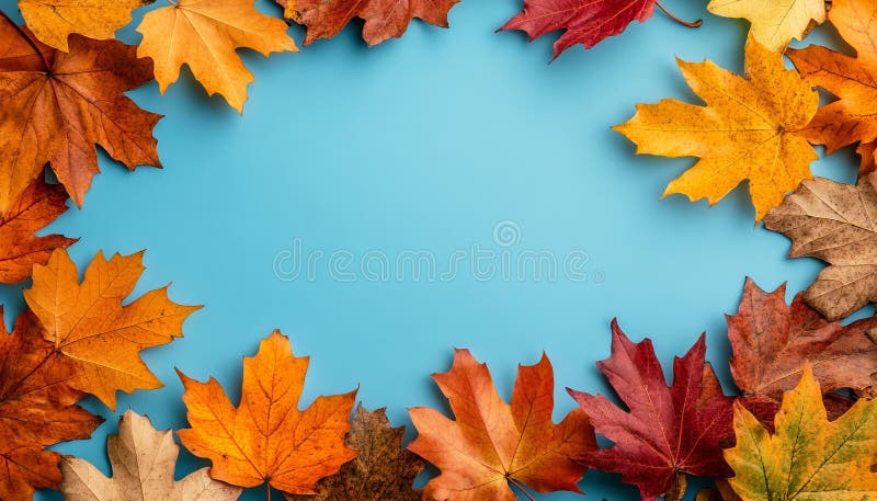 Autumn Frame, Vibrant Orange Maple Leaves on a Sky Blue Background, Fall Border Design Element royalty free illustration
