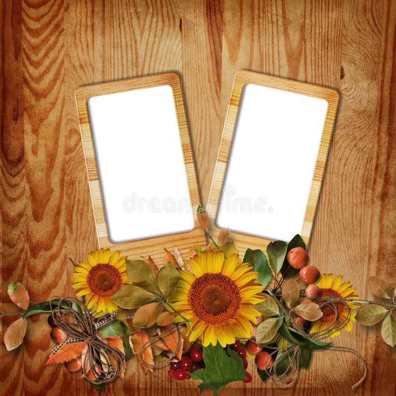 Autumn frame on wooden background