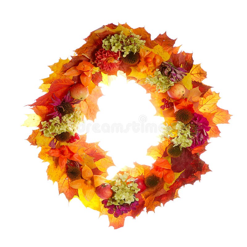 Bright autumn garland with leaves, flowers, fruits isolated on white