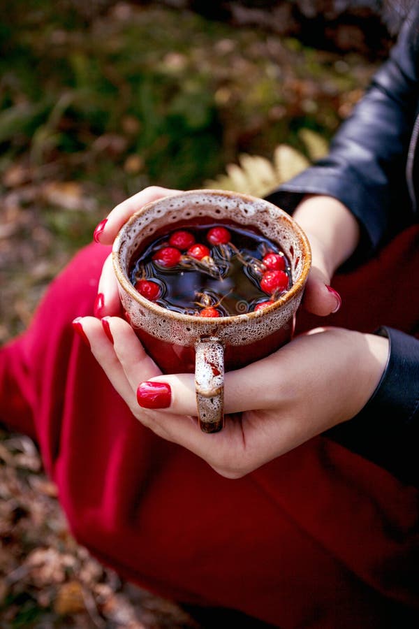 Autumn. Girl with bright red nails siting in autumn park and holding cup of tea with rosehip berries. Close up