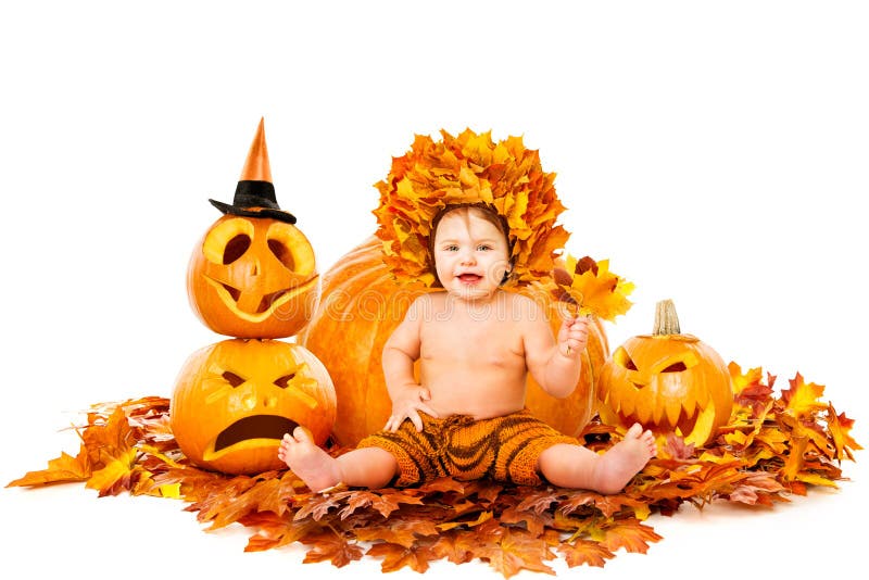 Autumn Happy Baby Portrait, Cute Kid in Fall Leaves Hat next to Pumpkin, Sitting on Maple Leaves over Isolated White Background. Autumn Happy Baby Portrait, Cute