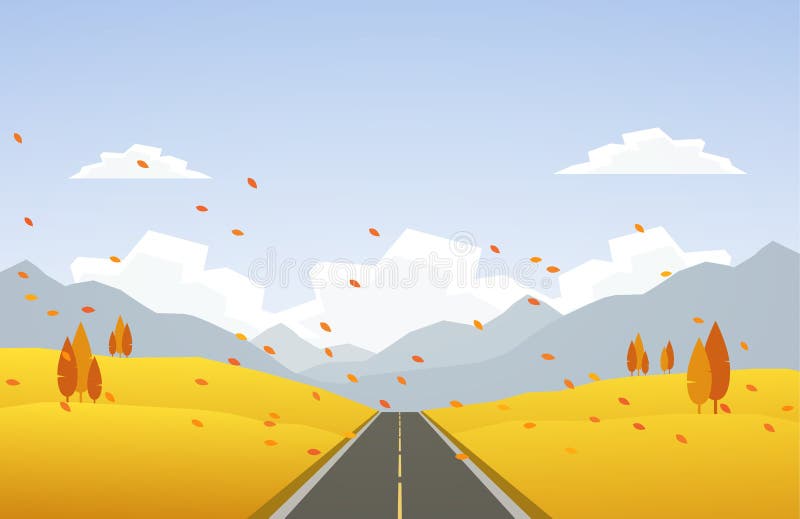 Autumn hillside landscape with road and leaves fall.