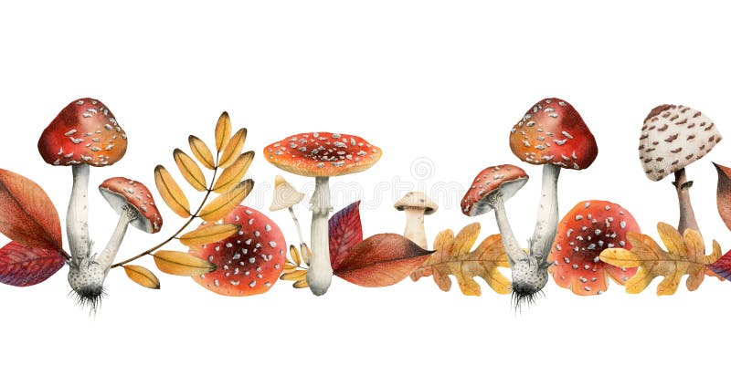 Autumn horizontal seamless border with poisonous mushrooms, fly agarics, yellow leaves watercolor illustration