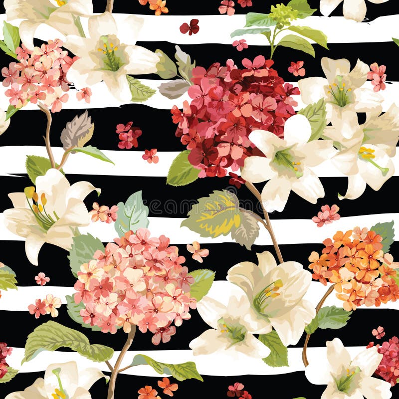 Autumn Hortensia och Lily Flowers Backgrounds Sömlös blom- sjaskig chic modell royaltyfri illustrationer Autumn Hortensia och Lily Flowers Backgrounds Sömlös blom- sjaskig chic modell royaltyfri illustrationer