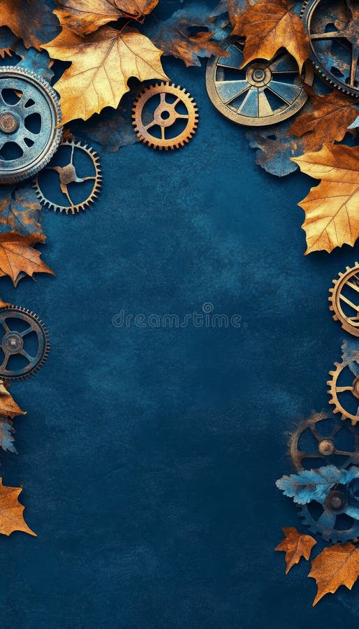 Autumn Industrial Clockwork Background, Gears And Maple Leaves Border On Teal Blue Textured Backdrop vector illustration