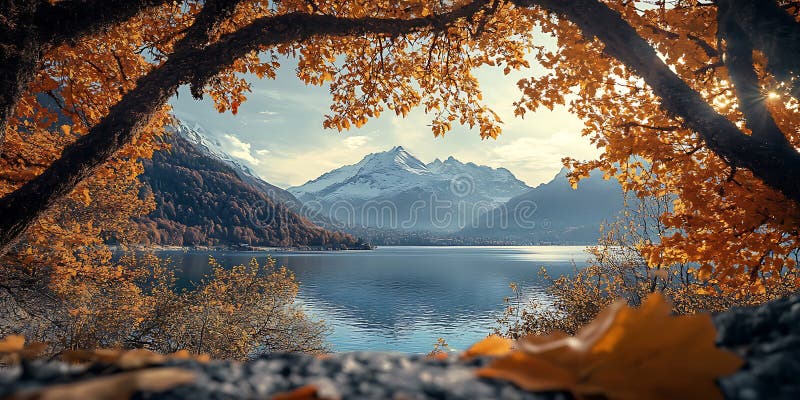 Autumn Lake Landscape Mountain View through Fall Foliage stock illustratie