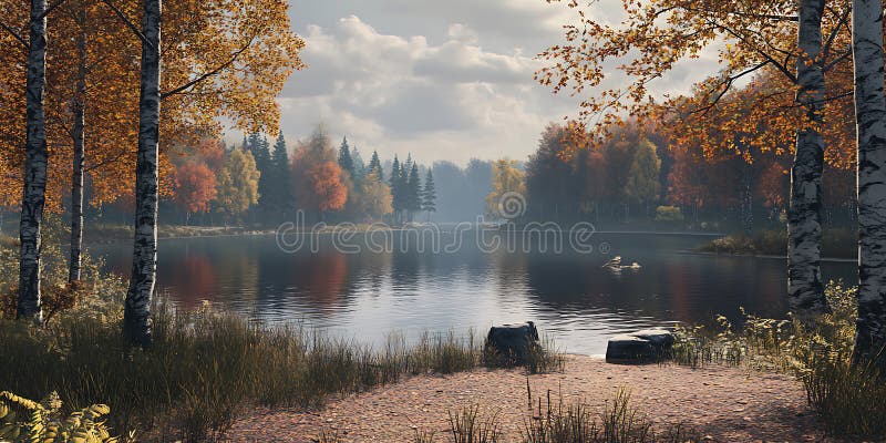Autumn Lake Landscape Scene Fall Nature stock illustratie