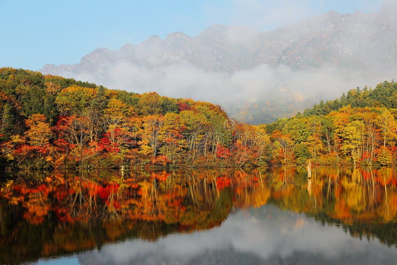 Autumn lake Scenery. Forests of colorful foliage reflecting on the smooth water of Kagami Ike