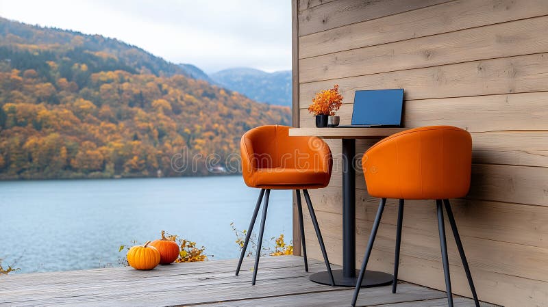 An autumn lakeside view with orange chairs laptop and pumpkins stock illustratie