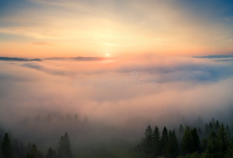 Autumn Landscape Brouillard en montagnes pendant le matin photo libre de droits Autumn Landscape Brouillard en montagnes pendant le matin photo libre de droits