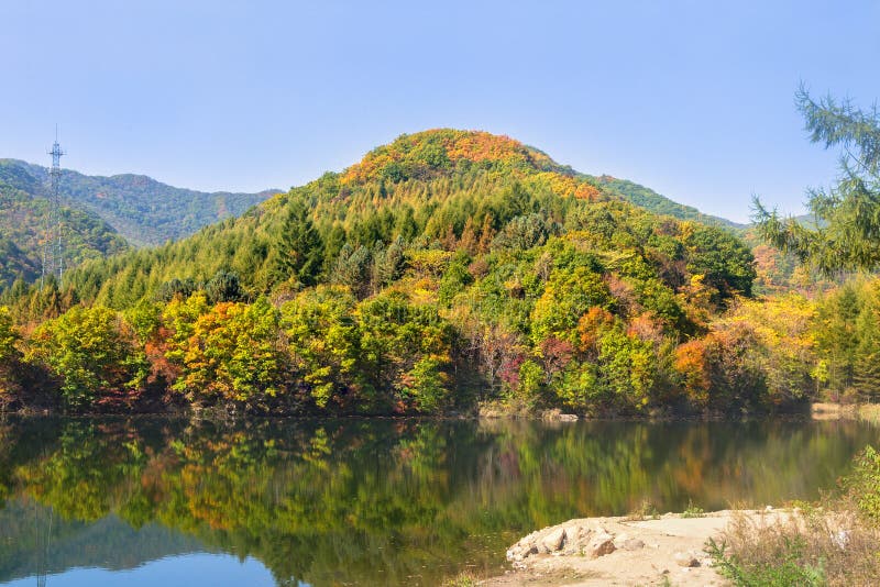 Autumn landscape of Cuihu Lake, Greenstone Valley Forest Park, Benxi, Liaoning, China.