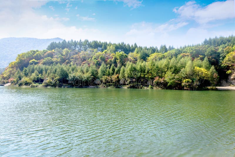 Autumn landscape of Cuihu Lake, Greenstone Valley Forest Park, Benxi, Liaoning, China.