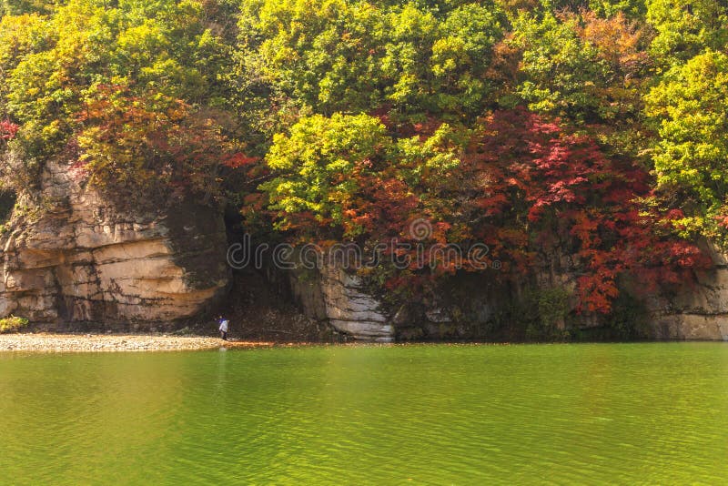 Autumn landscape of Cuihu Lake, Greenstone Valley Forest Park, Benxi, Liaoning, China.