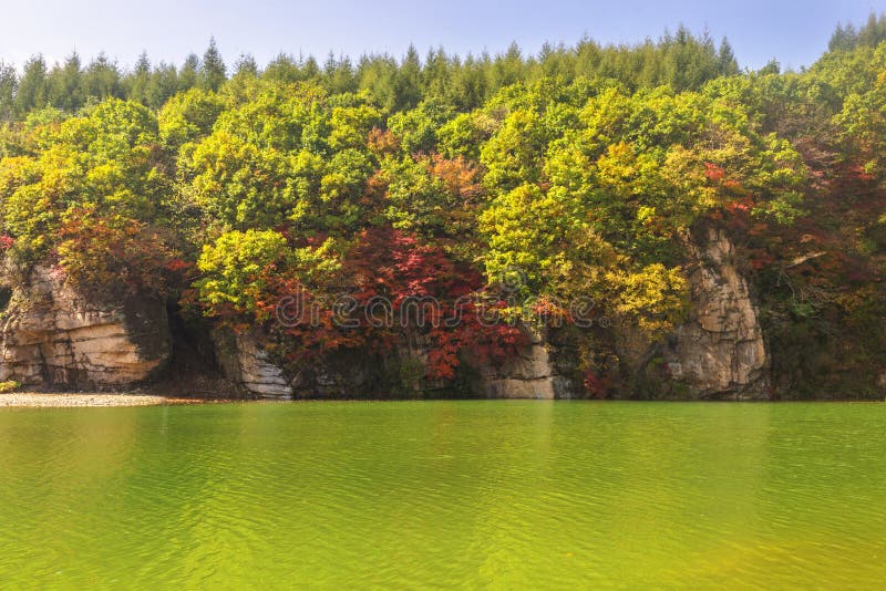 Autumn landscape of Cuihu Lake, Greenstone Valley Forest Park, Benxi, Liaoning, China.