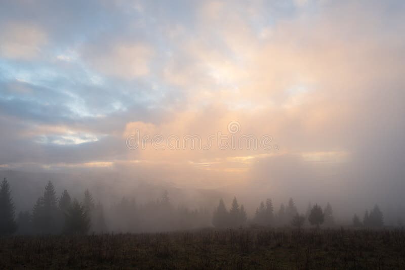 Autumn Landscape with fog in mountains