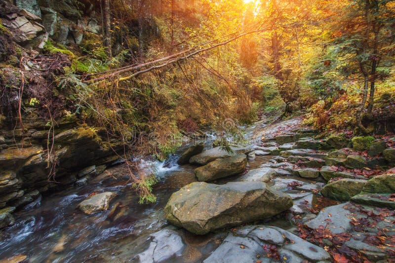 Autumn Landscape Mountain River With Small Waterfall And Rapids Stock