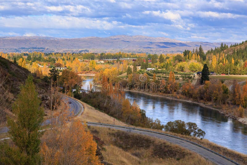 The Clutha River, New Zealand, flowing into the town of Clyde