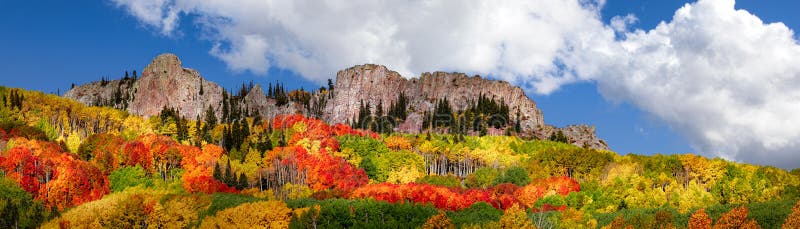 Autumn Landscape in the Rocky Mountains. Tree leaves changing color in the Fall in the Rocky Mountains of Colorado. The sky is blue with a few clouds. There are
