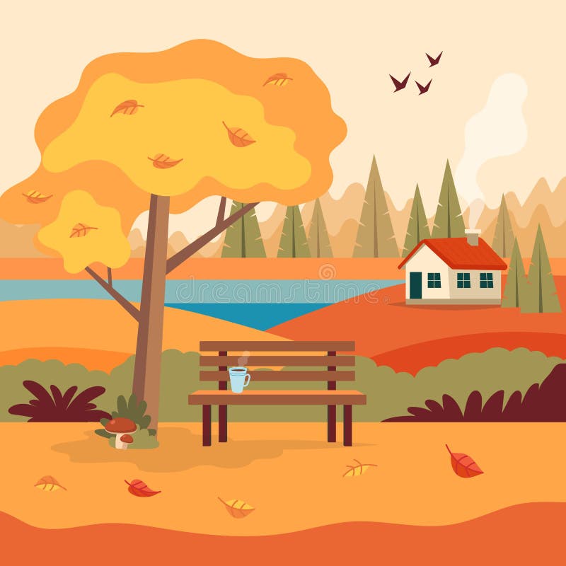 Autumn landscape rural scene with cute bench, coffee cup, yellow tree, cute house, yellow fields and nature. Vector