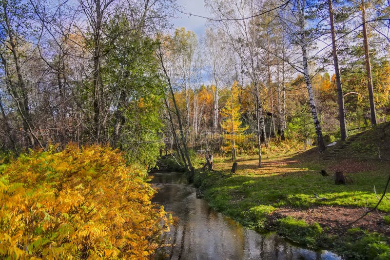 Autumn Landscape with Small Rural River at the Edge of the Village
