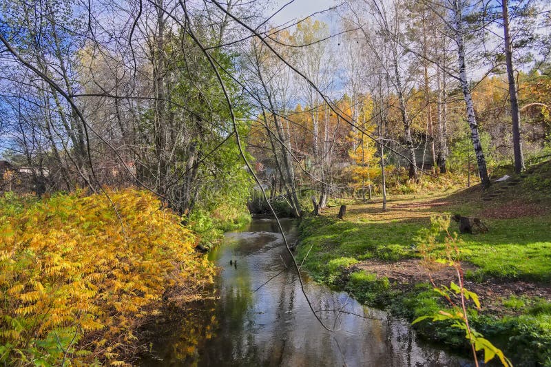 Autumn Landscape with Small Rural River at the Edge of the Village