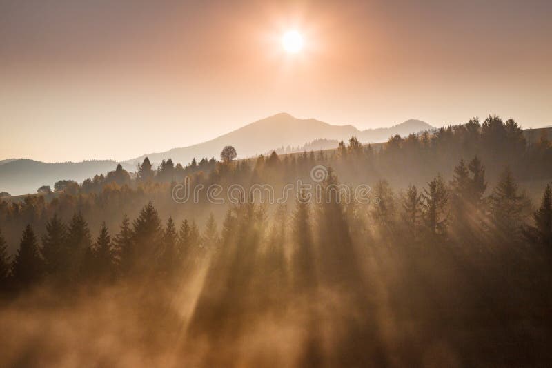 Jesenná krajina, východ slnka v hmlistom ráne.