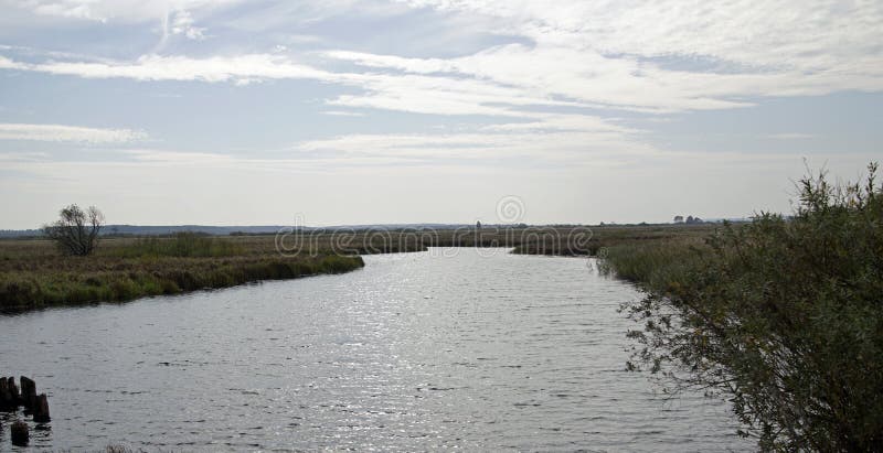 Autumn landscape. Floodplain and river Berezina. Sunny day in October. River banks covered with shrubs. Autumn landscape. Floodplain and river Berezina. Sunny day in October. River banks covered with shrubs