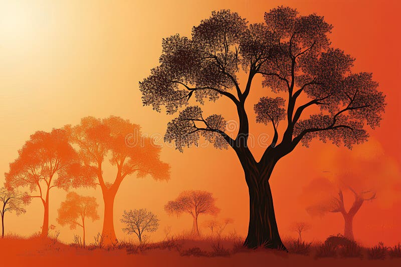 Autumn landscape with trees and grass on orange background stock illustration